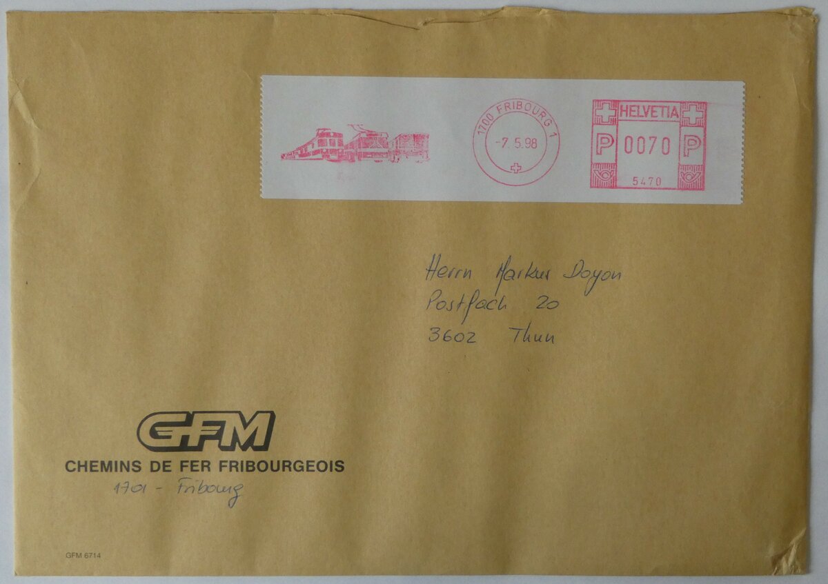 (254'069) - GFM-Briefumschlag vom 7. Mai 1998 am 20. August 2023 in Thun