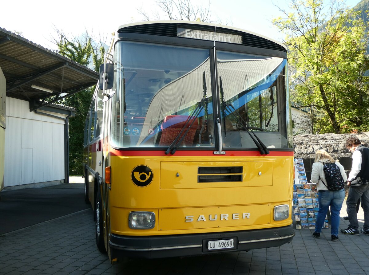 (255'957) - Huber, Oberkirch - LU 49'699 - Saurer/R&J (ex Frigg, Zernez; ex P 24'283) am 7. Oktober 2023 in Nfels, FBW-Museum