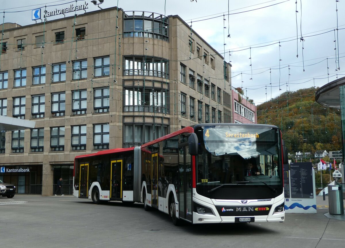 (256'744) - RVBW Wettingen - Nr. 176/AG 583'498 - MAN (ex AHW Horgen Nr. 612) am 6. November 2023 beim Bahnhof Baden