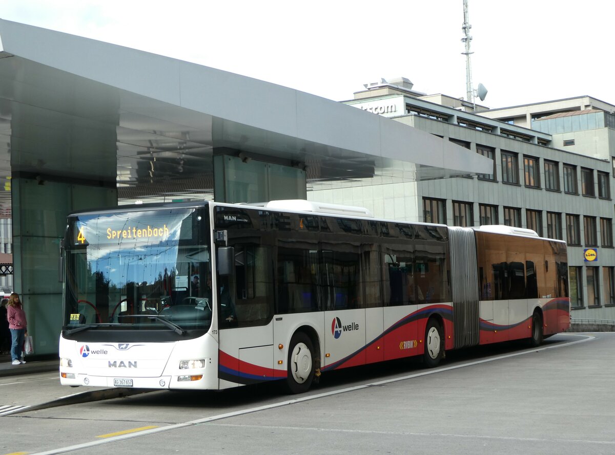 (256'761) - RVBW Wettingen - Nr. 173/AG 367'657 - MAN am 6. November 2023 beim Bahnhof Baden