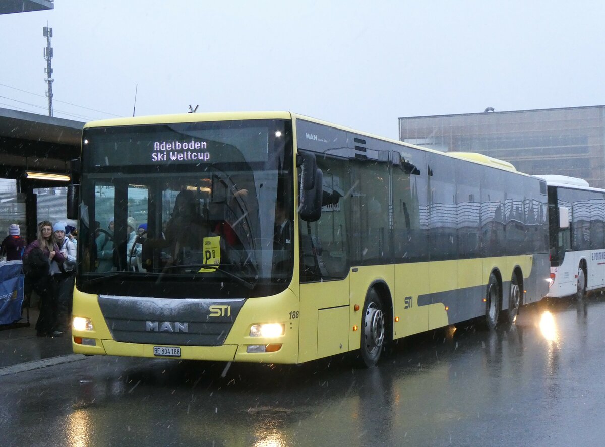 (258'182) - STI Thun - Nr. 188/BE 804'188 - MAN am 6. Januar 2024 beim Bahnhof Frutigen