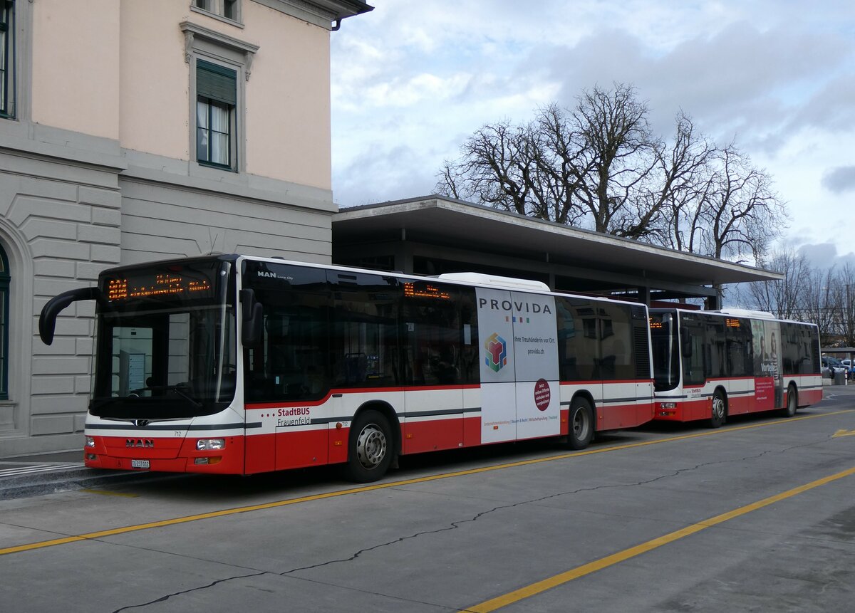 (259'045) - StadtBUS, Frauenfeld - Nr. 712/TG 237'012 - MAN (ex PostAuto Ostschweiz PID 10'104) am 2. Februar 2024 beim Bahnhof Frauenfeld