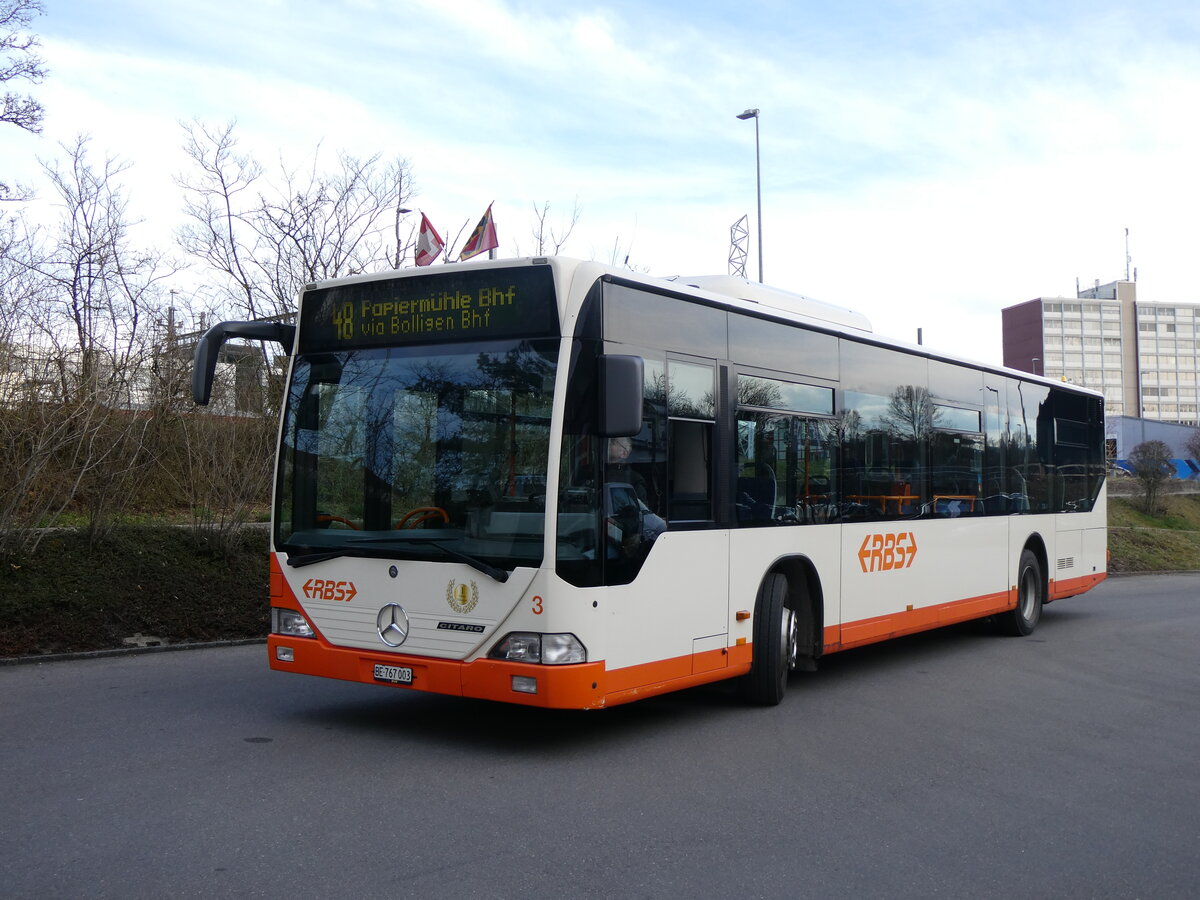 (260'111) - RBS Worblaufen - Nr. 3/BE 767'003 - Mercedes am 3. Mrz 2024 in Worblaufen, Garage (mit Zielanzeige: 48 Papiermhle Bhf via Bolligen Bhf)