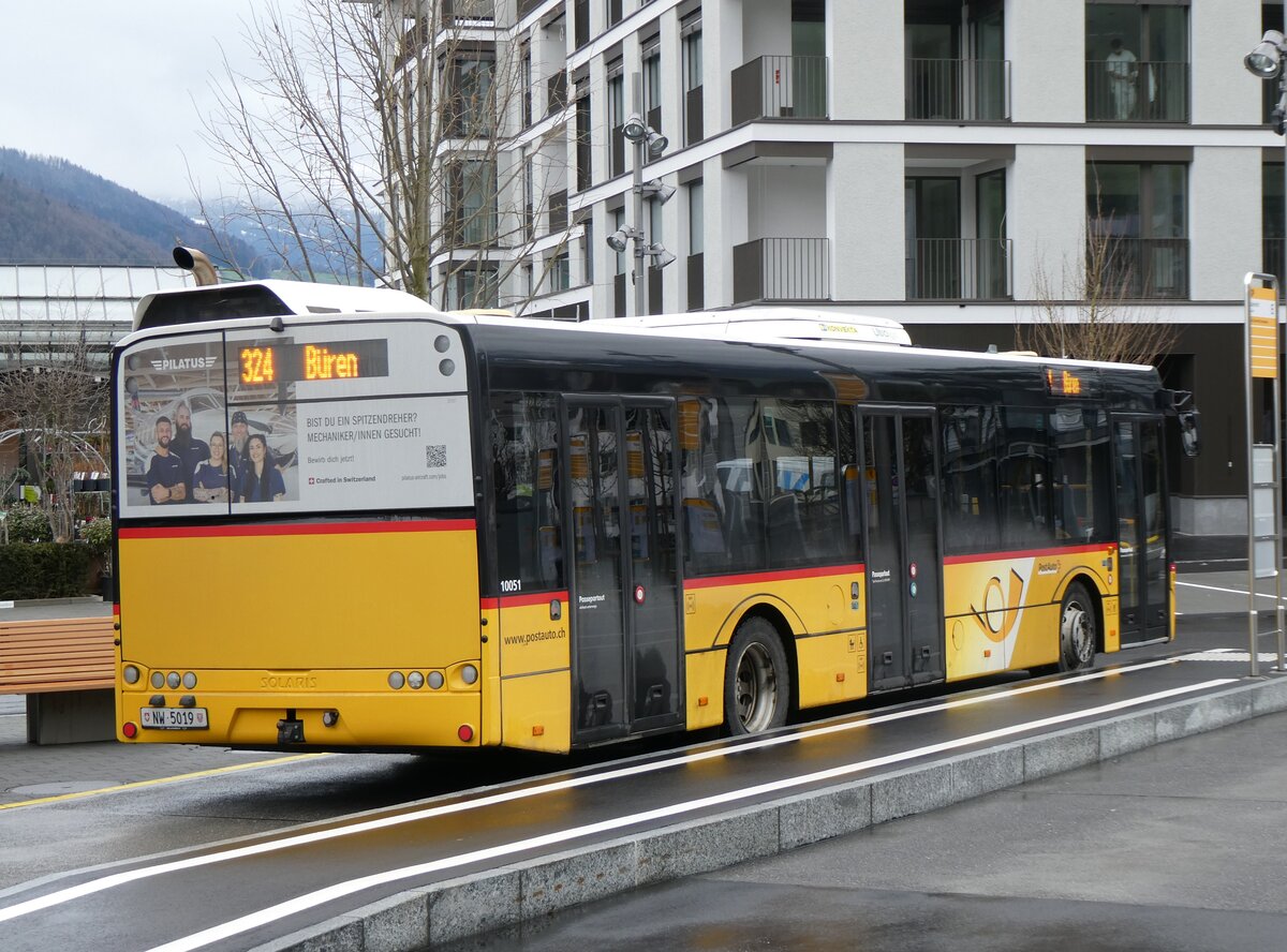 (260'306) - PostAuto Zentralschweiz - Nr. 504/NW 5019/PID 10'051 - Solaris (ex Nr. 54; exThepra, Stans Nr. 19) am 12. Mrz 2024 beim Bahnhof Stans