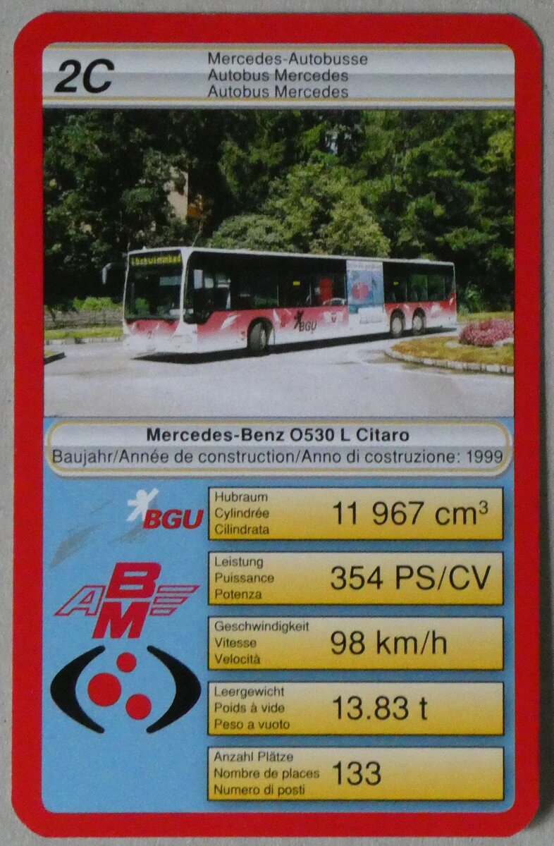 (260'391) - Quartett-Spielkarte mit BGU/ABM/VB Mercedes-Benz O530 L Citaro Nr. 16 am 17. Mrz 2024 in Thun