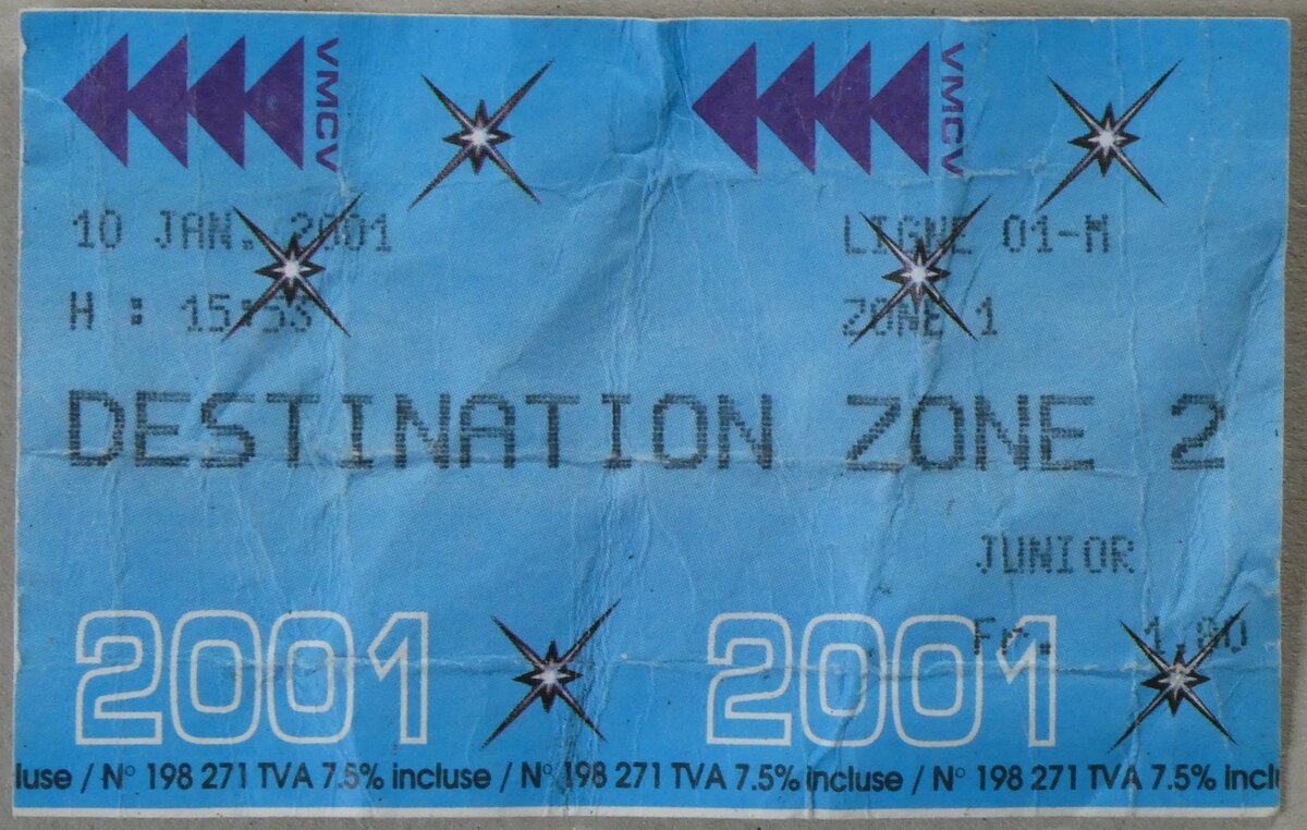 (261'582) - VMCV-Einzelbillet vom 10. Januar 2001 am 20. April 2024 in Thun