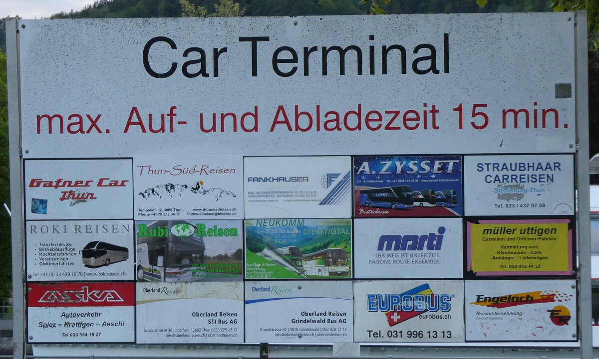 (262'467) - Plakat fr Gafner Car Thun, Thun-Sd-Reisen, Fankhauser, A. Zysset, Straubhaar Carreisen, Roki Reisen, Rubi Reisen, Neukomm, Marti, Mller Uttigen, ASKA, Oberland Reisen (STI), Oberland Reisen (GrindelwaldBus), Eurobus und Engeloch am 18. Juni 2024 in Thun, CarTerminal