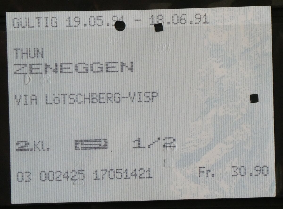 (263'158) - PTT-Einzelbillet vom 19. Mai 1991 am 26. Mai 2024 in Thun