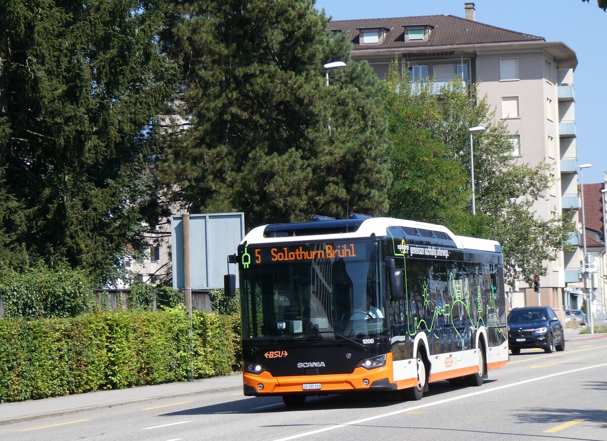 (266'294) - BSU Solothurn - Nr. 1200/SO 195'100 - eScania (ex Nr. 100) am 29. August 2024 beim Hauptbahnhof Solothurn