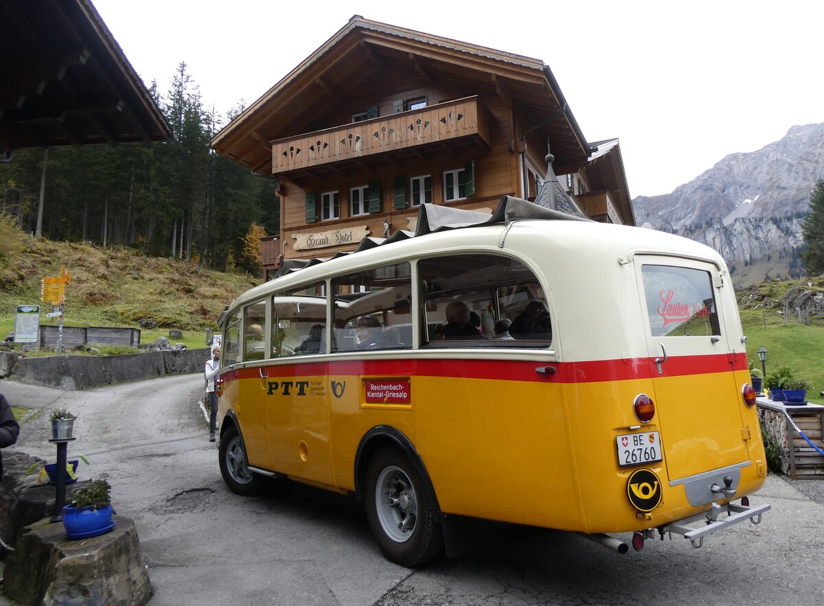 (268'074) - Schmid, Thrishaus - Nr. 3/BE 26'760 - Saurer/Gangloff (ex Geiger, Adelboden Nr. 3) am 12. Oktober 2024 auf der Griesalp