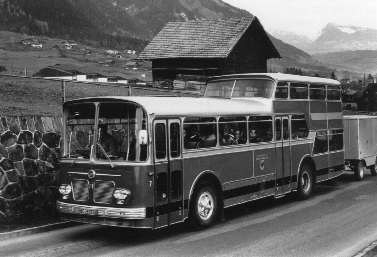 (Q 14) - Aus dem Archiv: AFA Adelboden - Nr. 7/BE 26'707 - FBW/Vetter-R&J Anderthalbdecker um 1969 in Frutigen, Spitalstutz