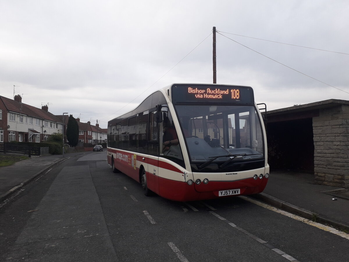 YJ57 XWV is a 2008 Optare Versa, seating 37.  New to Lancashire United as their fleet number 272, it is seen here on 6th June 2022 at the Willington, County Durham, terminus of service 108 (Bishop Auckland - Willington).

Now owned by Scarlet Band Bus & Coach Limited, West Cornforth, County Durham.