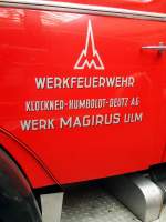 Magirus Beschriftung der Werksfeuerwehr Magirus in der Sammlung des Oldtimerclubs Magirus Iveco in Ulm am 27.09.2014.