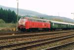 218 134-5 mit Schiebeleistung am Sonderzug mit 01 1100 in Bestwig anl��lich des Bahnhofsfestes 1997.