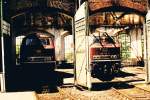 Abgestellte 218 136-0 und 218 142-8  im schon stark besch�digten Lokschuppen des Bw Bestwig.