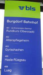 (131'726) - bls-Haltestellenschild - Burgdorf, Bahnhof - am 28.