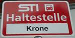 (130'303) - STI-Haltestellenschild - Spiez, Krone - am 11.